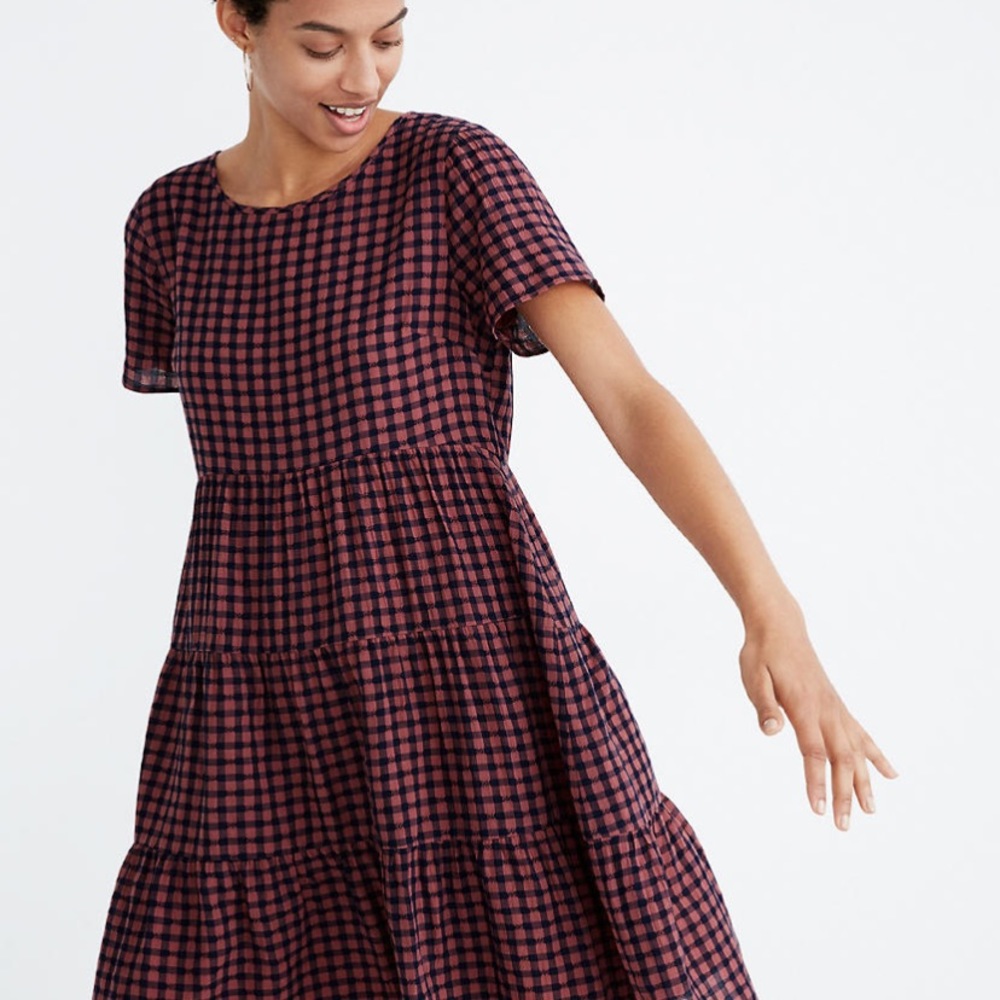 Short-Sleeve Tiered Mini Dress in Gingham Check